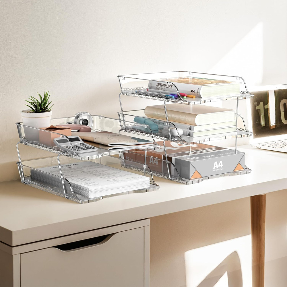 Simple Houseware 2-Tier Clear Stackable Letter Tray Organizer – Desktop File Hol