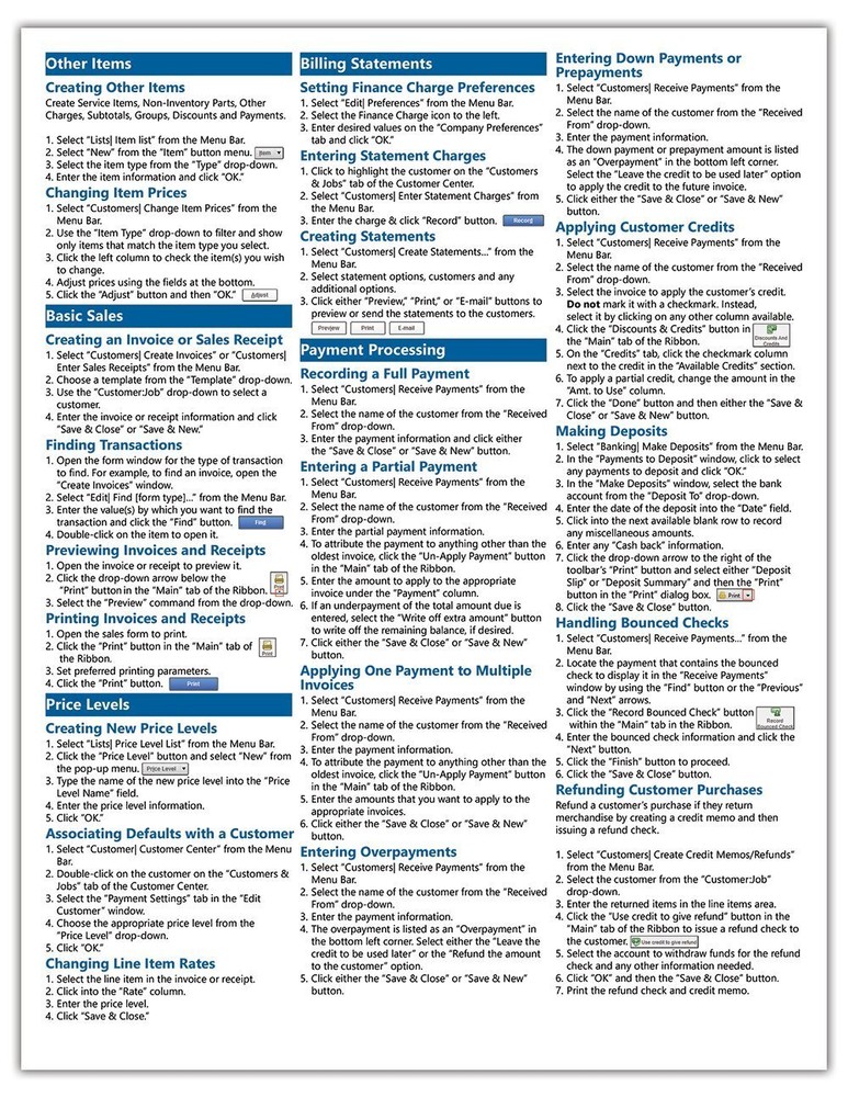 QuickBooks Pro 2015 Training Guide Quick Reference Card 4 Page Cheat Sheet