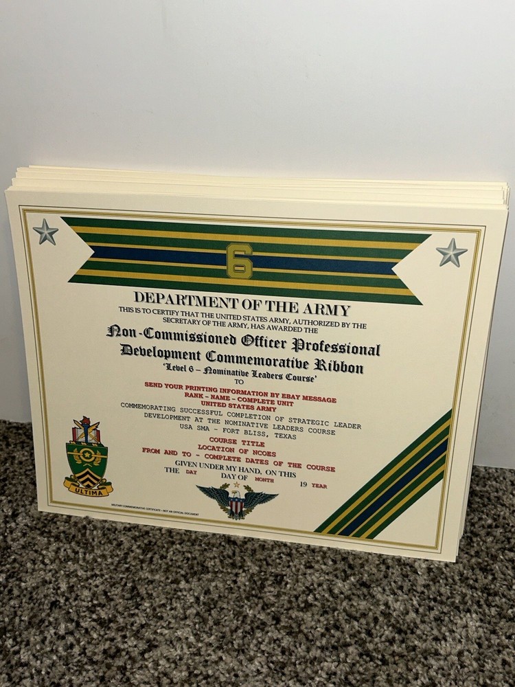 NCO PROFESSIONAL DEVELOPMENT LV-6 COMMEMORATIVE CERTIFICATE ~ W/PRINTING TYPE-1