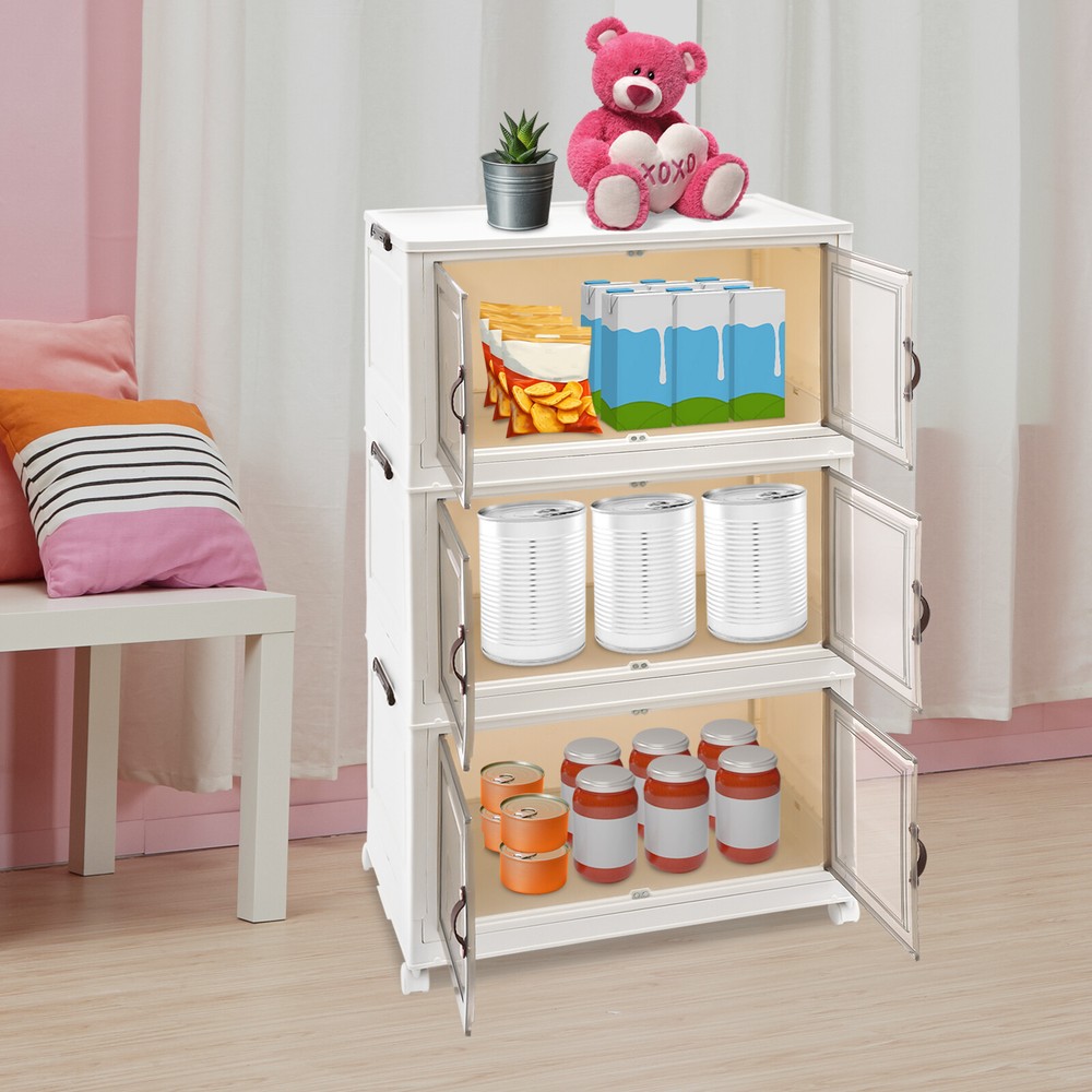 Foldable Stackable Storage Cabinets with Wheels White 25.59*16.54*43.5in