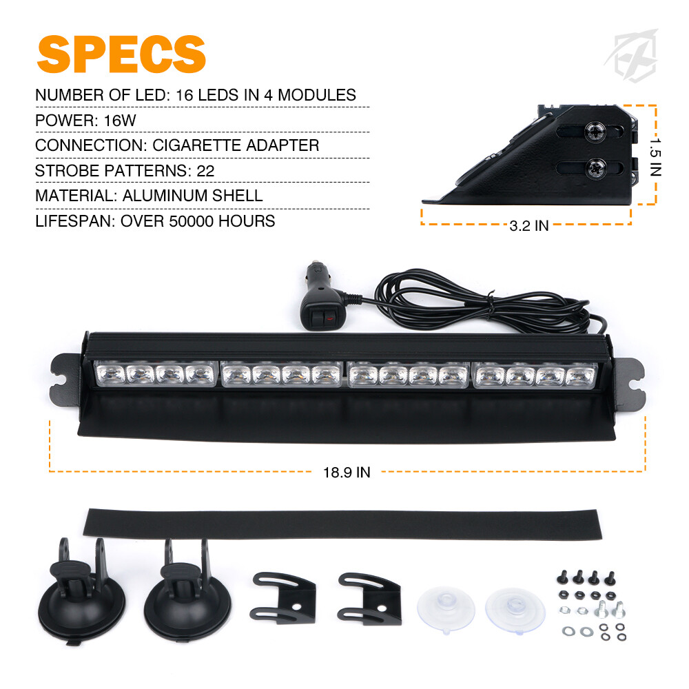 LED Windshield Strobe Lights 16inch Emergency Hazard flash Lamp White Amber