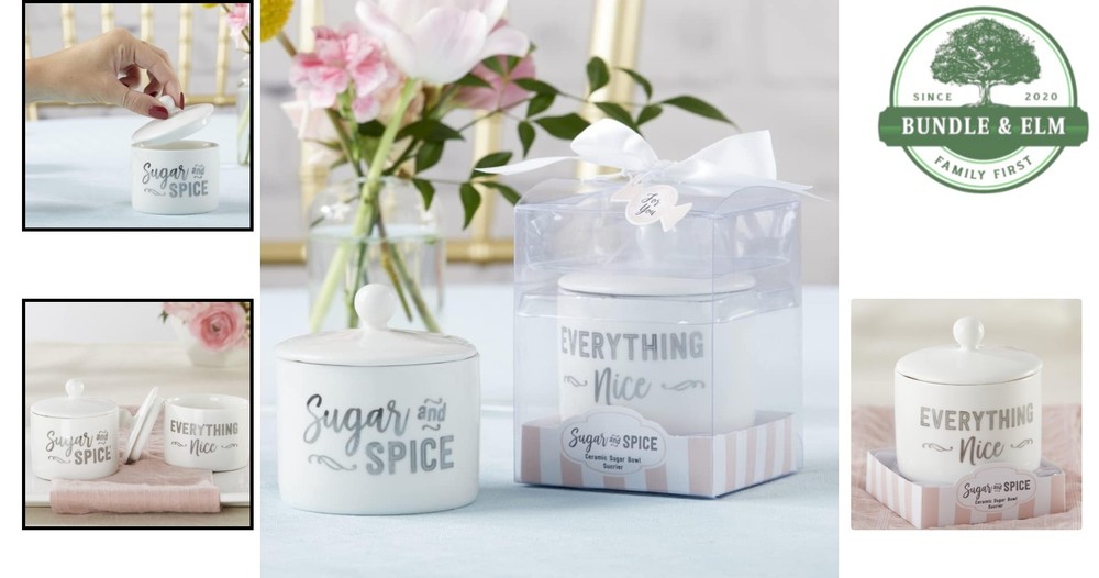Ceramic Sugar Container/Bowl, Spice and Everything Nice, White with Silver Fo...