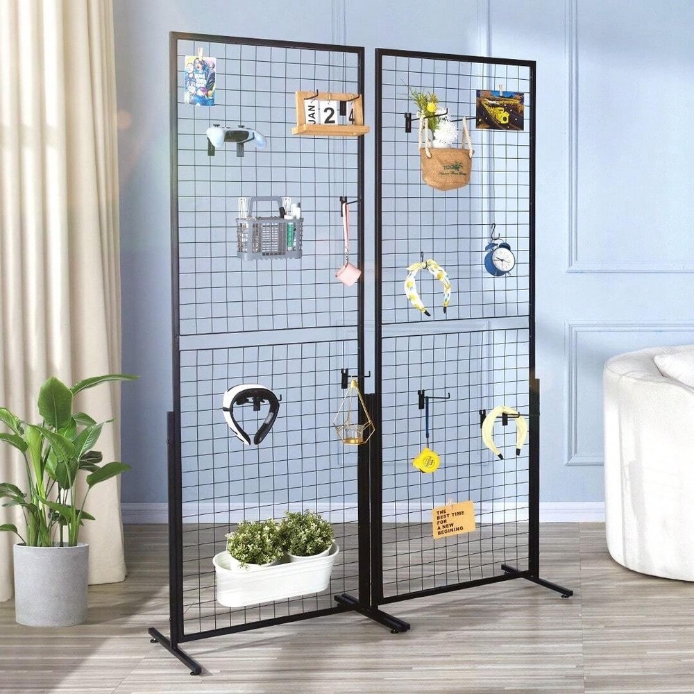 2Pcs 2x5.6ft Grid Wall Panel Tower Retail Display Rack with T-Base Hooks Clips