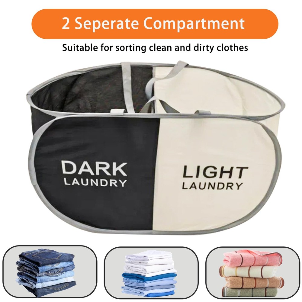Foldable Pop Up Laundry Hamper 2 Section Laundry Basket Dirty Clothes Hampers...