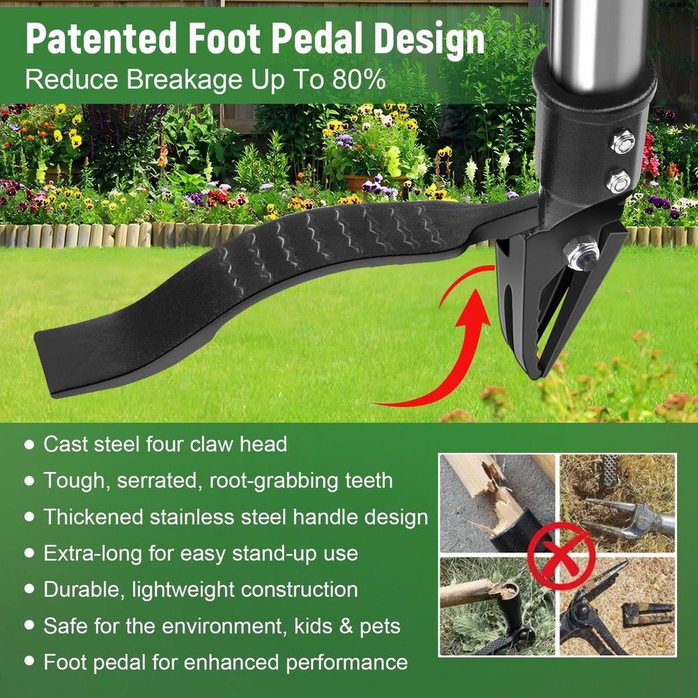 GOXAWEE Weed Puller Tool, 4-Claw Stand Up Weeder with Adjustable 46” Silver