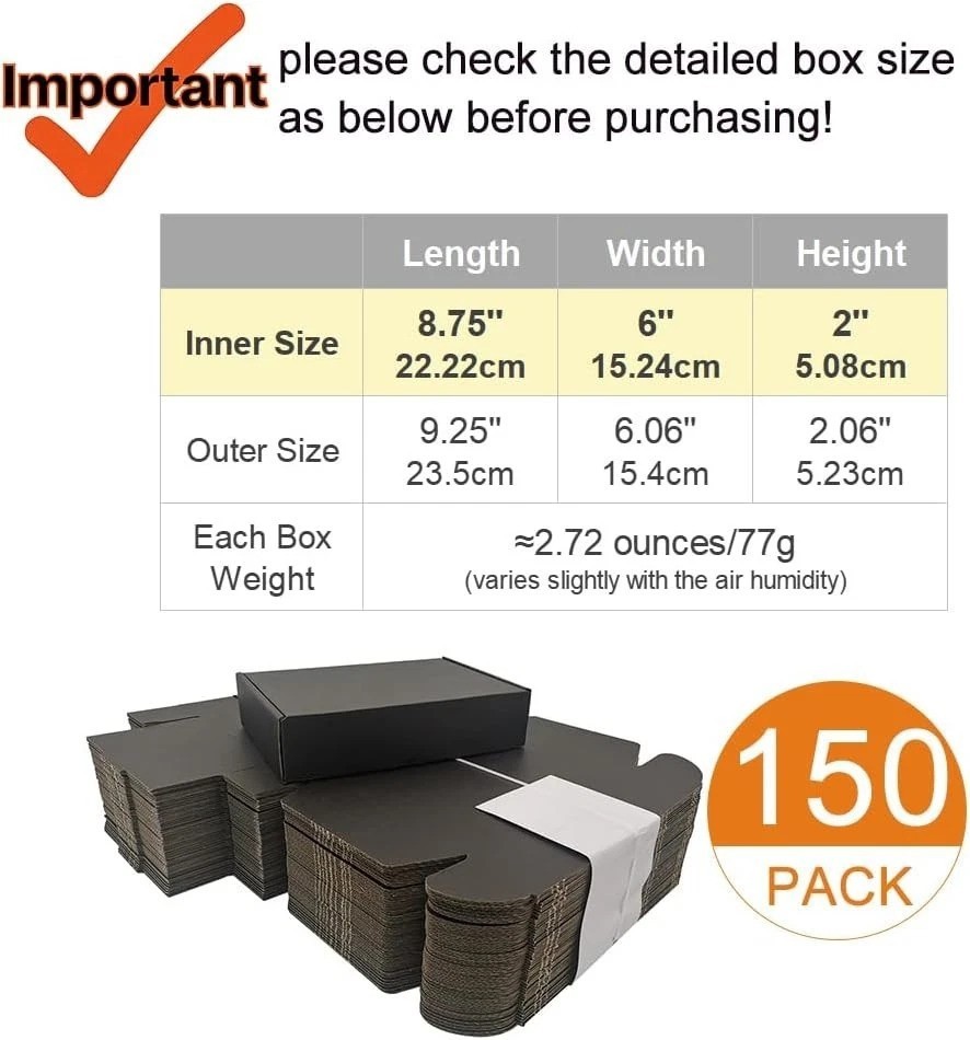 Heavy Duty 9x6x2" Black Shipping Boxes - 150pc Bulk, Secure & Easy Fold Mailers