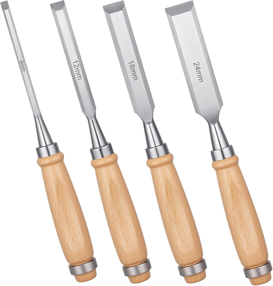 4 Piece Wood Chisel Set, Bevel Edge Professional Woodworking Tools