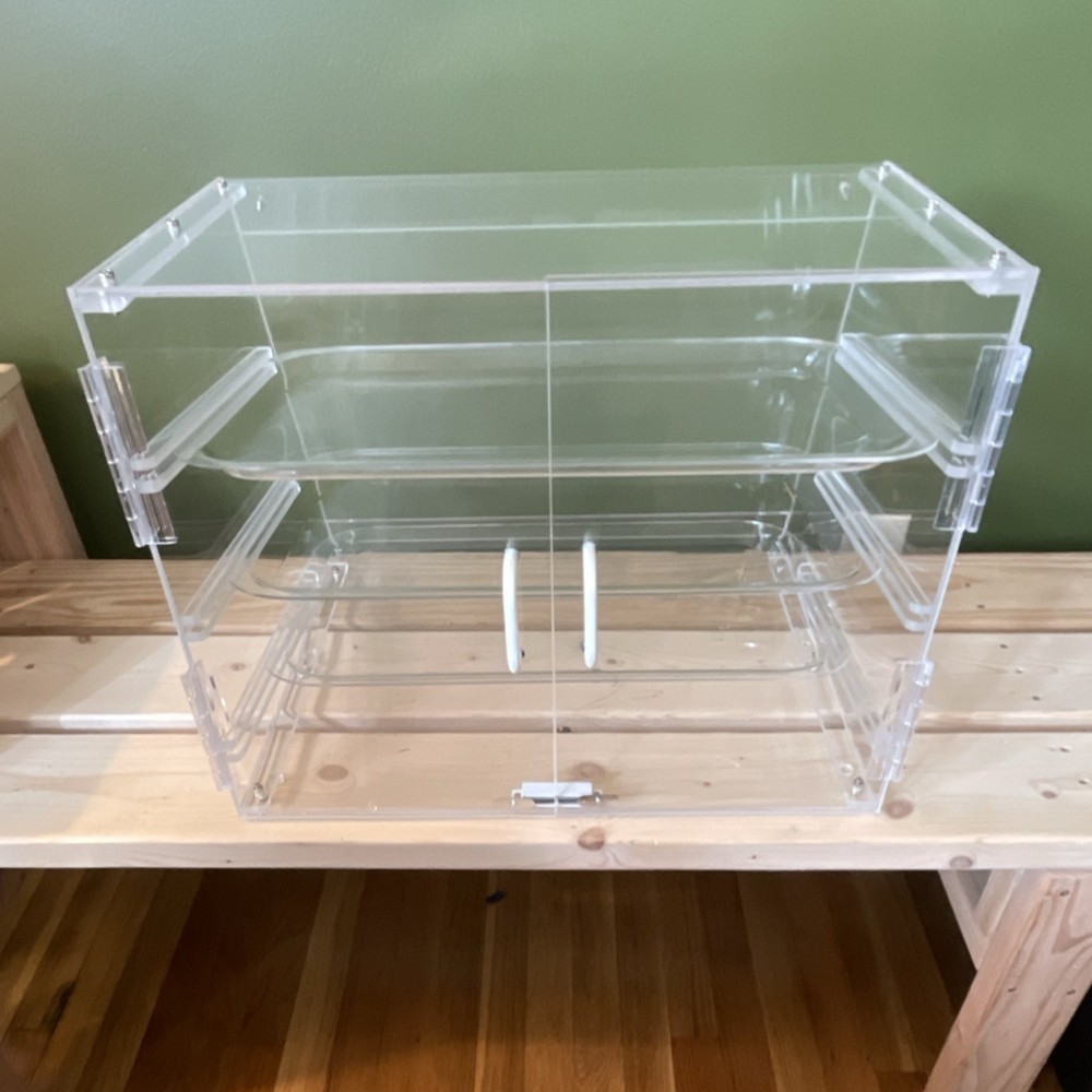 Acrylic Display Case with Hinged Doors, Enclosed Storage, Counter & Tabletop