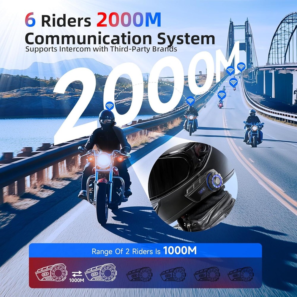Moman CP-E Intercom Headset Group Communication 2000M Up to 6 Riders 1 Pack