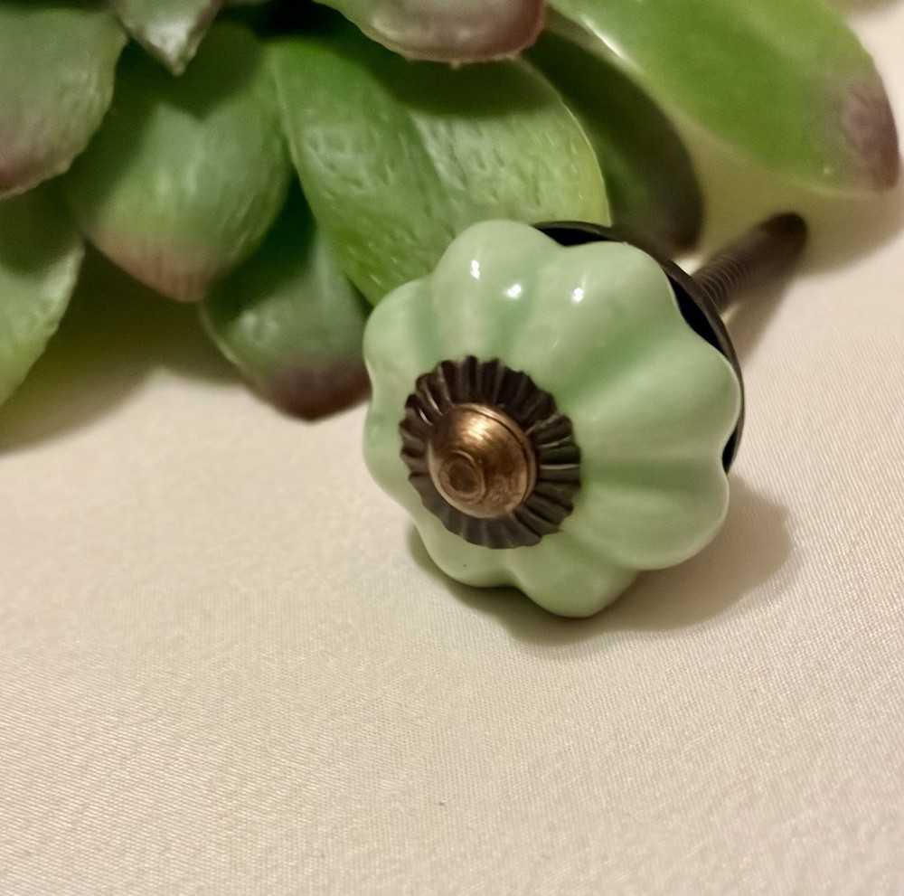 4 Light Green Ceramic Melon Knobs Antique Vintage Green Drawer Pulls