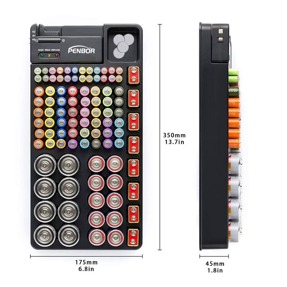 Compact Battery Storage with Tester - Holds 110 Various Sizes, Easy Access