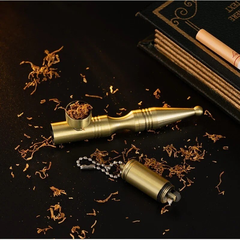 Pipe w/ Built-In Kerosene Lighter Solid Brass Smoking Aid Set