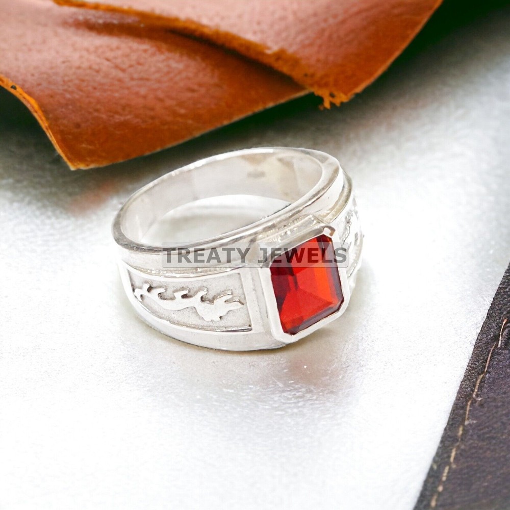 Ruby Emerald Cut Gemstone With 14K Solid White Gold Ring For Men's #989