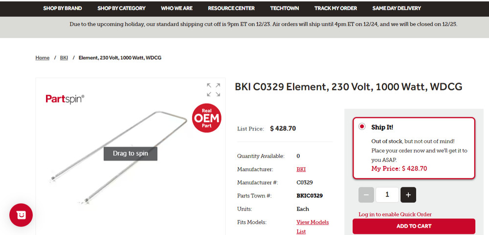 BKI C0329 Element, 230 Volt, 1000 Watt, WDCG