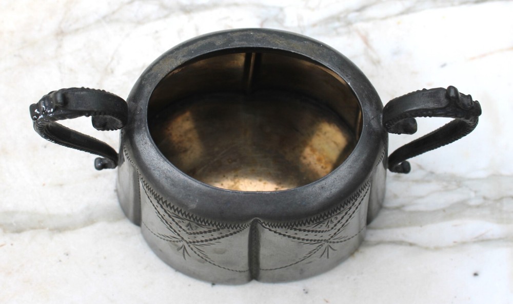 Antique Etched Silver Plate Handled Sugar Bowl-no Lid