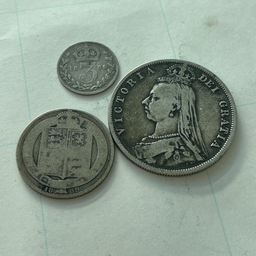 1889 Silver British Coin Set Half Crown Shilling Three Pence
