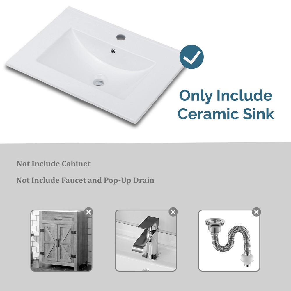 24" White Ceramic Vanity Top, Single Hole Rectangular Sink Basin w/ Faucet Hole