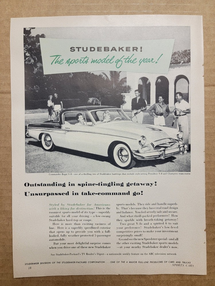 VINTAGE ORIGINAL 1955 Studebaker Commander Regal V-8 Print Ad