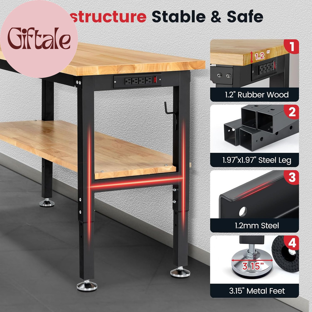 Work Table for Garage 60 X 22 Inch Adjustable Height Workbench Heavy Duty Rubber