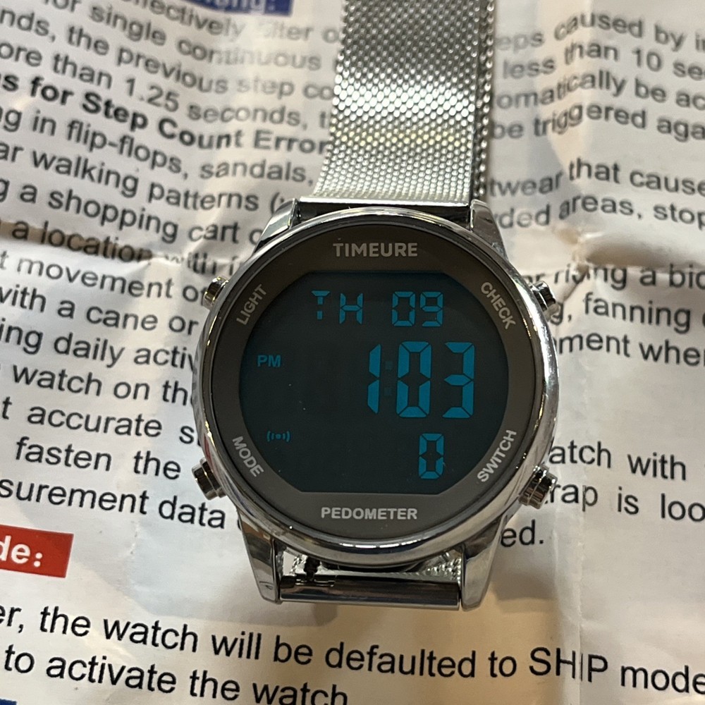 TIMEURE Silver Digital Pedometer Watch with Light and Step Counter