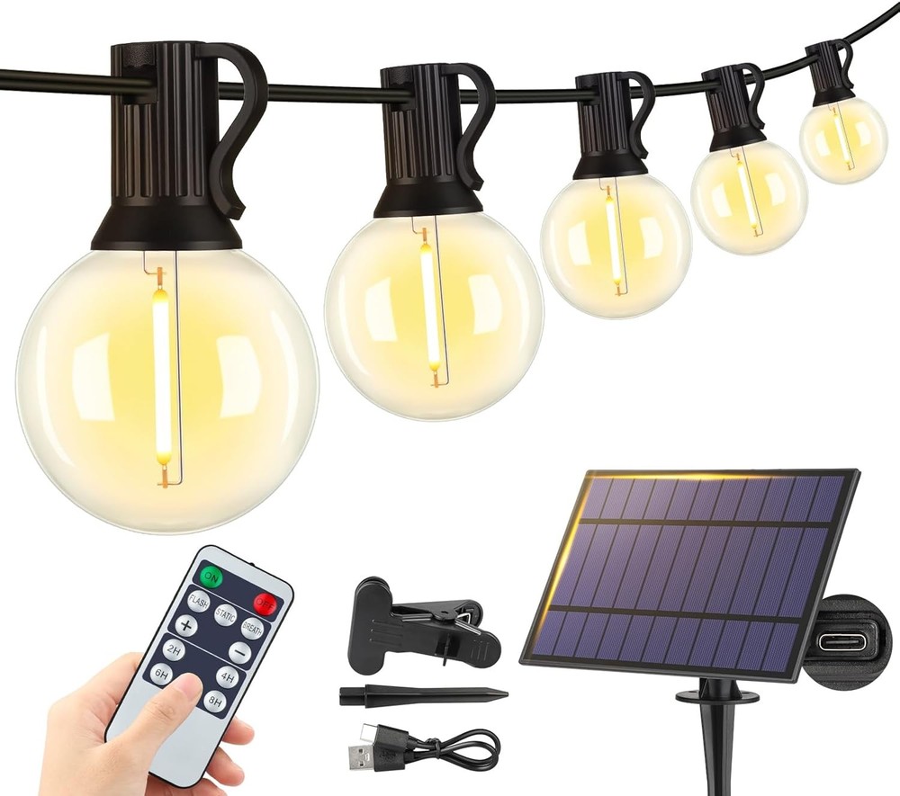 25FT Solar String Lights Outdoor with Remote, 3 Modes, 10+1 G40 Bulbs