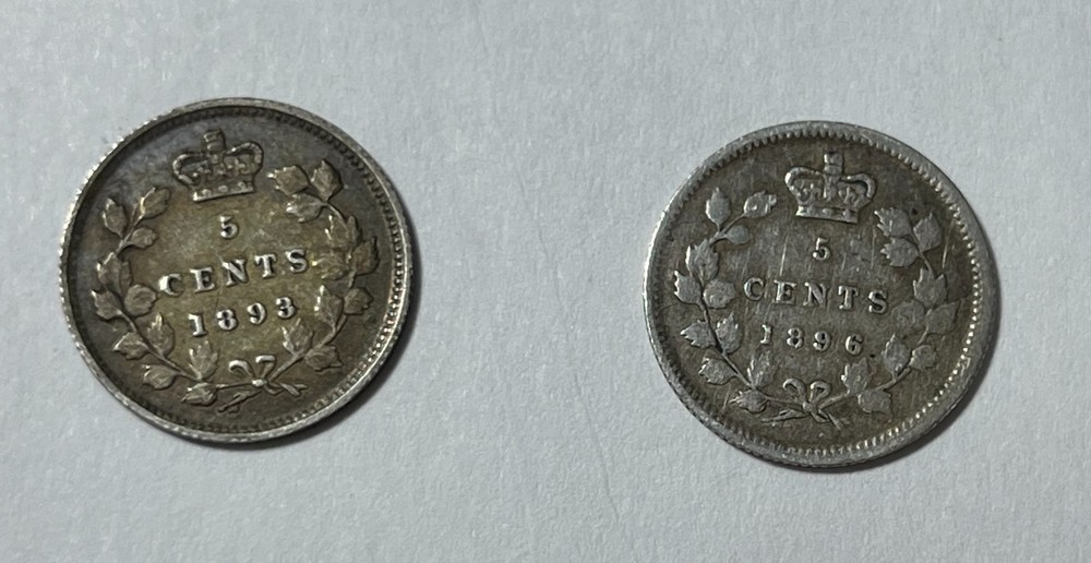 Canada 5C 1893 & 1896 (#2804) small edge cut VF