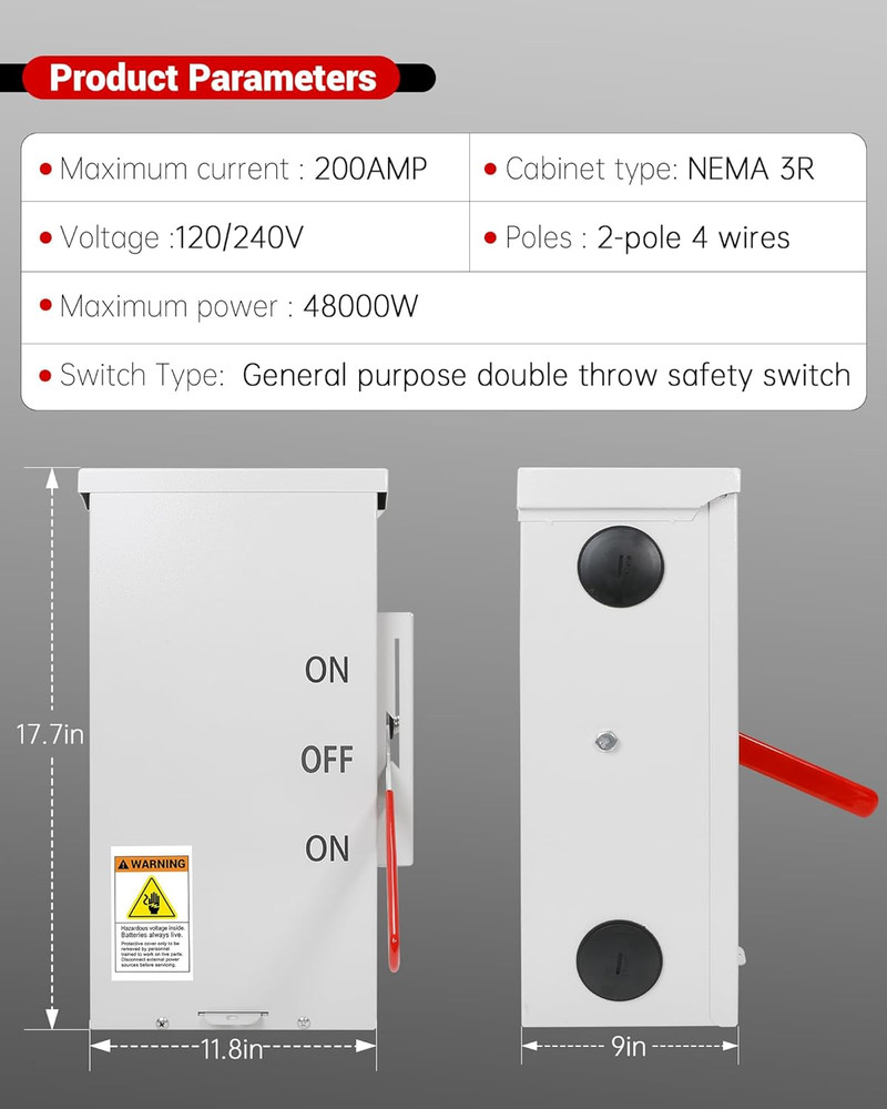 200 Amp Transfer Switch, 48000W General-Duty Double-Throw Safety Switch
