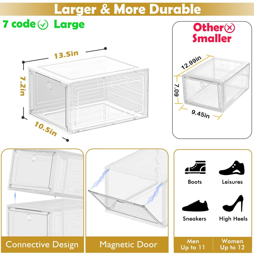 Thickened Clear Shoe Storage Organizer with Magnetic Door, Sturdy Stackable S...