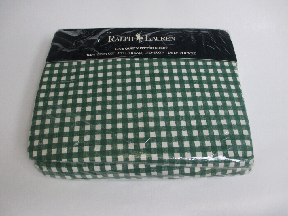 New Ralph Lauren Medium Gingham Forest Green Fitted Sheet - Queen