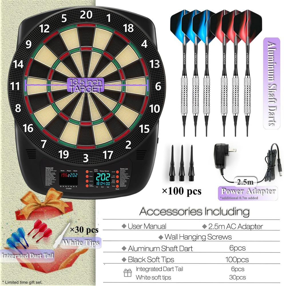 Colorful LED Electronic Dartboard Set with 6 Darts & Extended Power Adapter