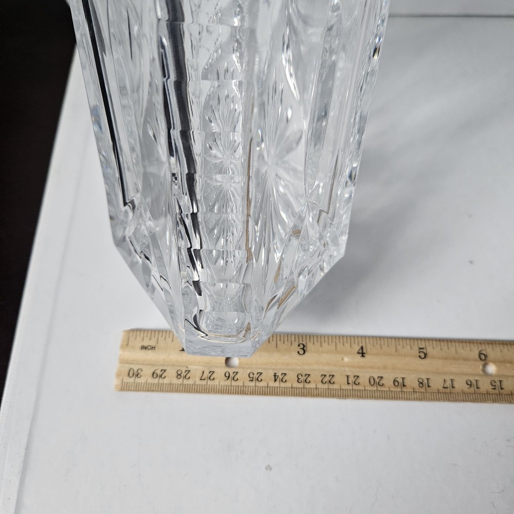 Vintage Block Cut Crystal Triangular Decanter & Stopper Olympic Pattern Heavy
