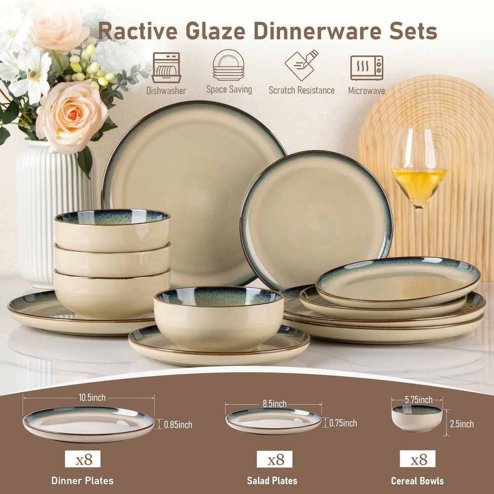 GBHOME Ceramic Dinnerware Sets for 8, 24 Service 8(24Pcs), Pale Khaki