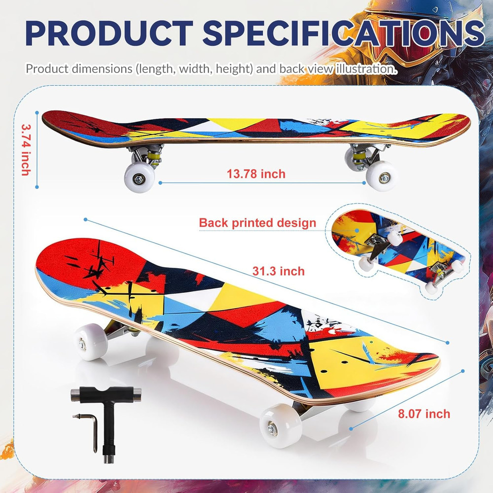 Professional Double Kick Skateboard, 31 Inch Maple Deck, ABEC-9 Bearings, 95A PU