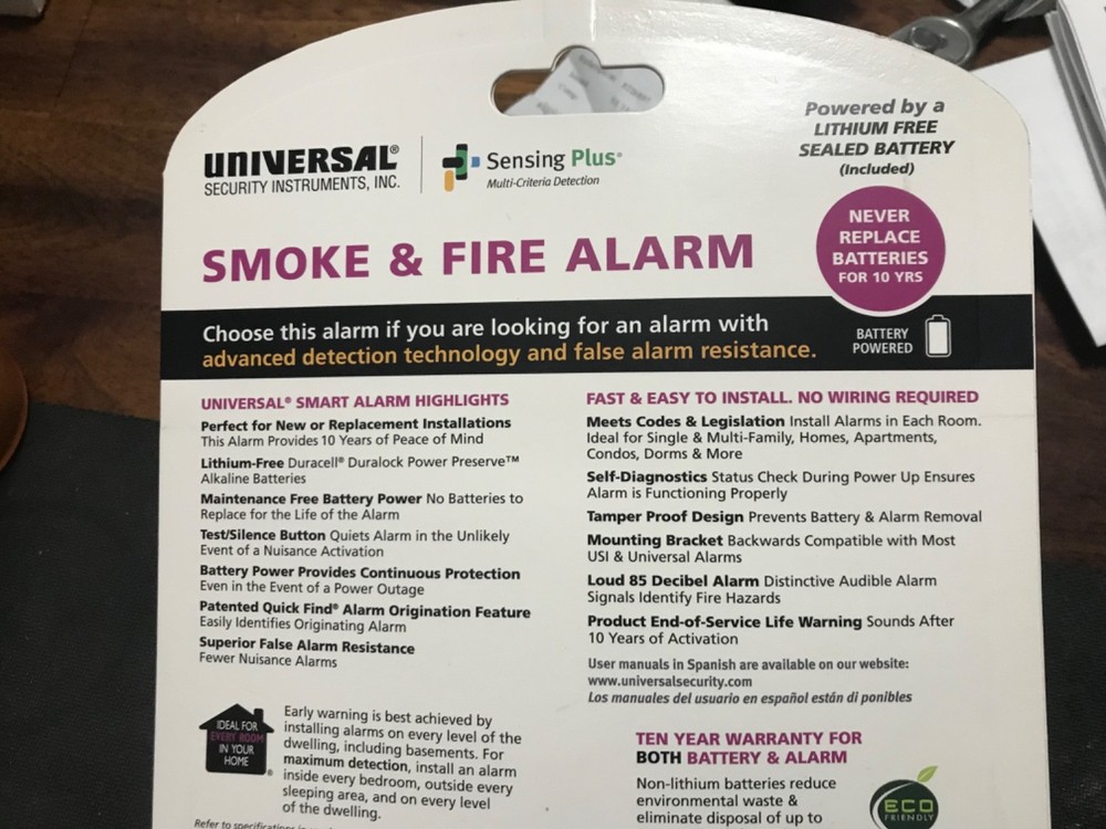 Universal Security Smoke & Fire Alarm Detection Sensing Plus Unit 10 Yr Battery