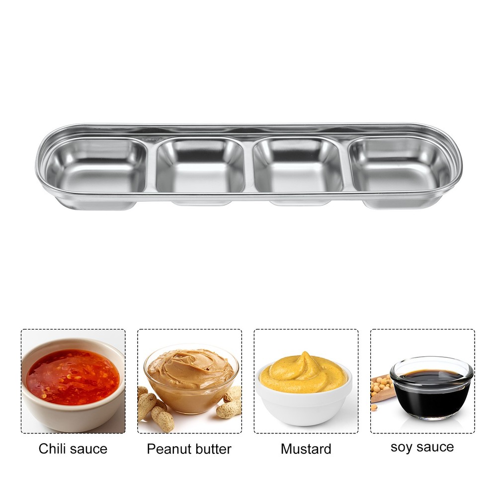 2pcs Metal Dish Dipping with 4 Rectangular Compartment Divided Silver