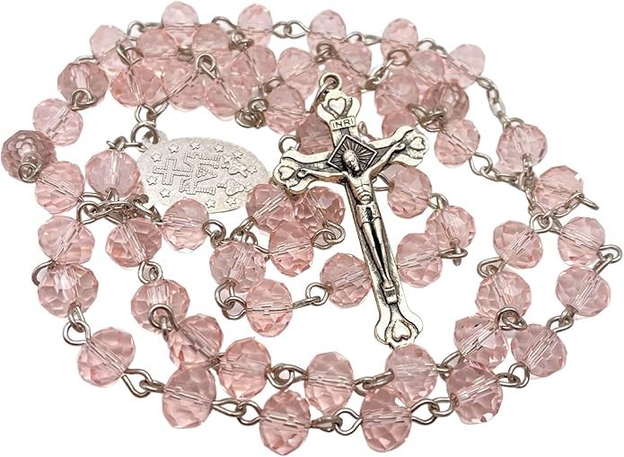 Pink Crystallized Glass Beads Rosary Necklace with Miraculous Medal