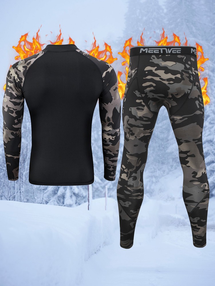 2 Sets Men's Thermal Underwear 1/4 Zip Winter Warm Fleece Compression Base Layer