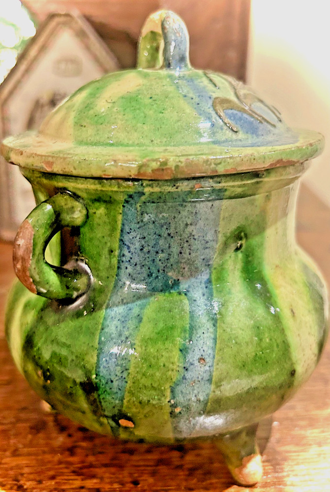 FRENCH ANTIQUE SUGAR JAR POT CERAMIC VESSEL EARTHENWARE POTTERY