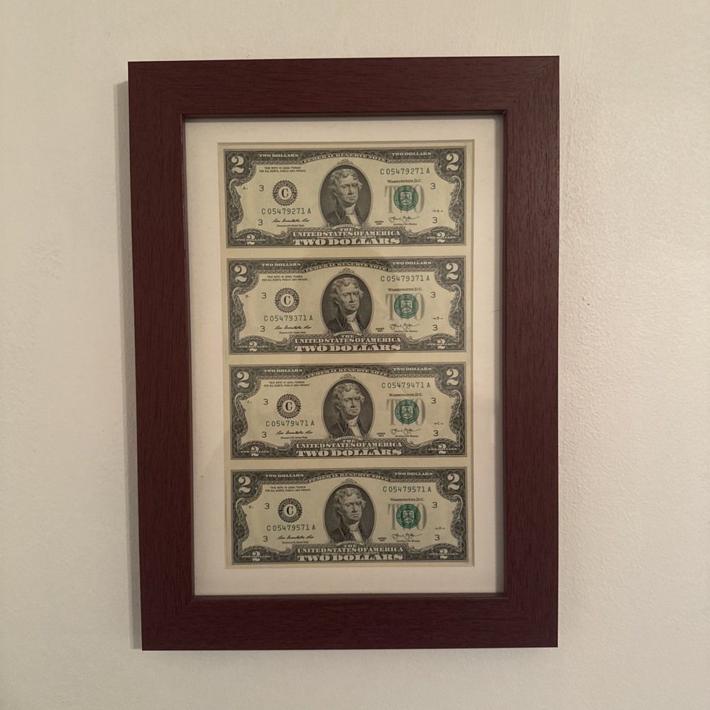 Framed 2013 $2 Uncut Sheet of 4 Notes BEP Wall Display Currency