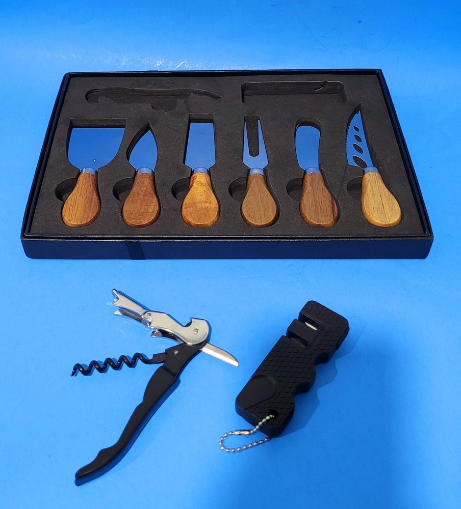 Hychill Serving Ware - 8PC Set Cheese Knives - Sharpener and Wine Opener