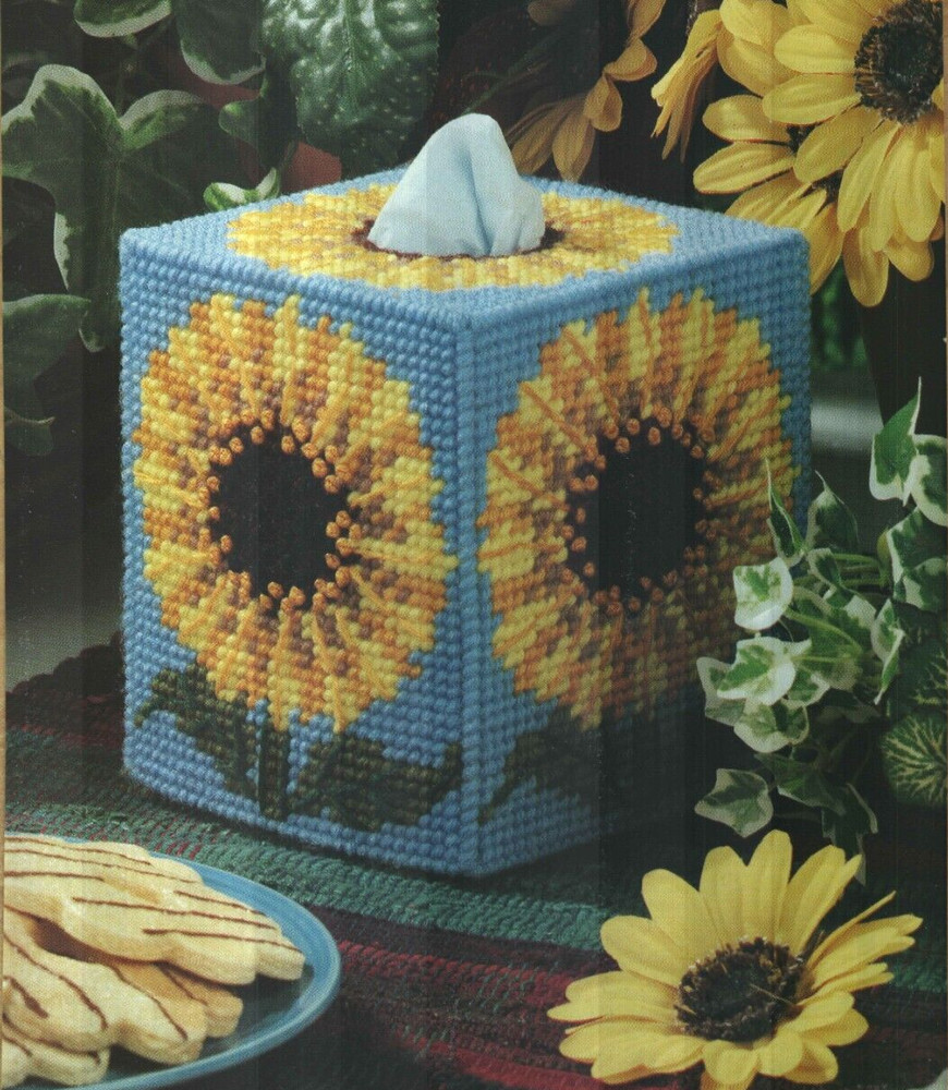 SUNFLOWER TISSUE BOX COVER HOME DECOR PLASTIC CANVAS PATTERN INSTRUCTIONS HTF