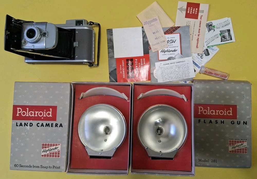 Polaroid Land Camera Model 80 w Box & Instructions (Plus Two 281 Flash Guns)