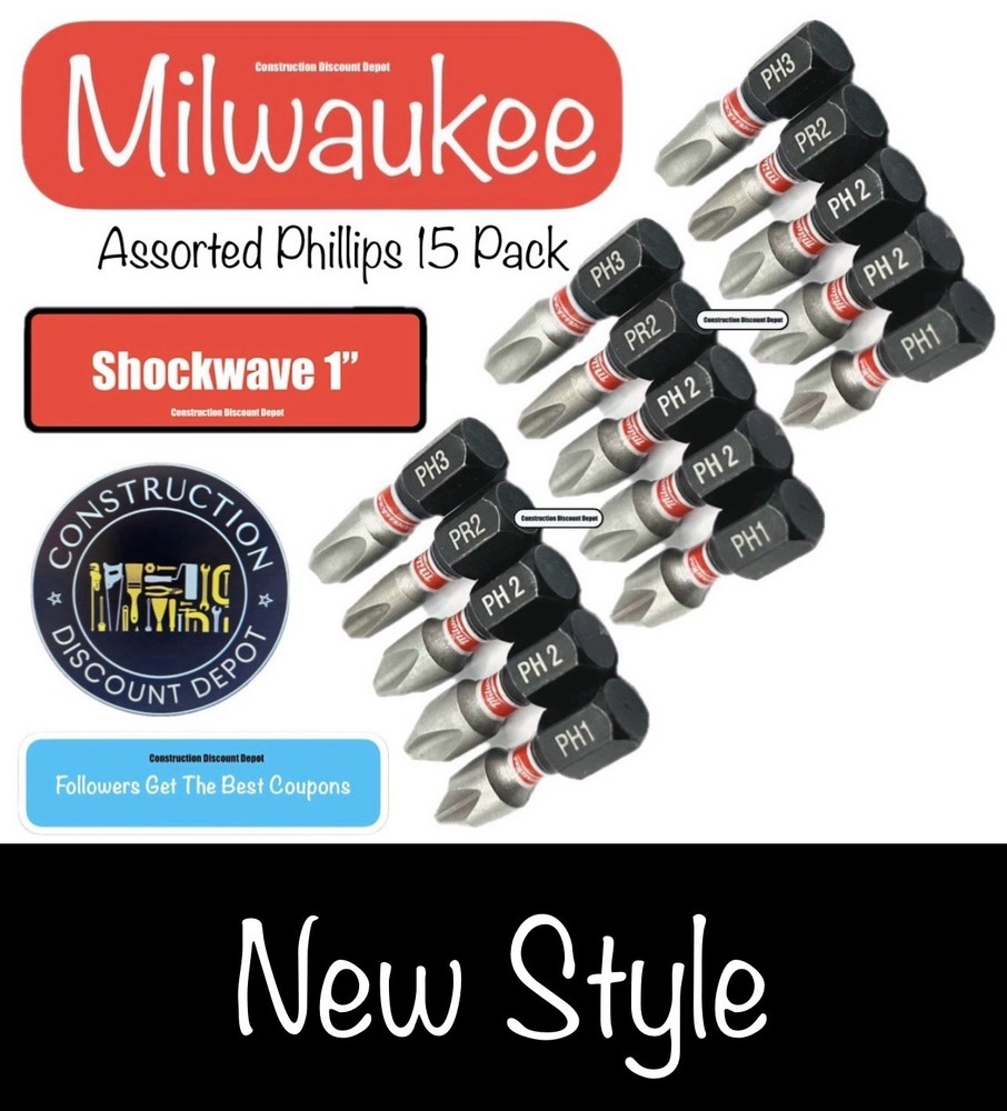 15 Pack Assortment Phillips PH1 PH2 PR2 PH3 Milwaukee Shockwave Impact 1" Bit