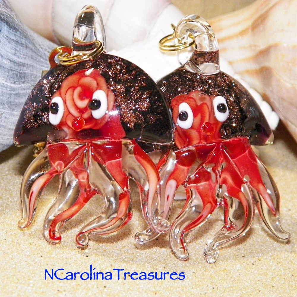 RED FLORAL JELLYFISH GLITTER GLASS CEILING FAN LIGHT SWITCH PULL LARGE PAIR J124
