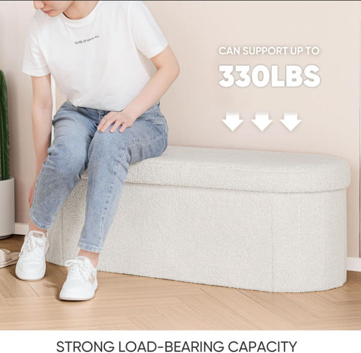 New Storage Ottoman Bench Sherpa Folding 43.3in White