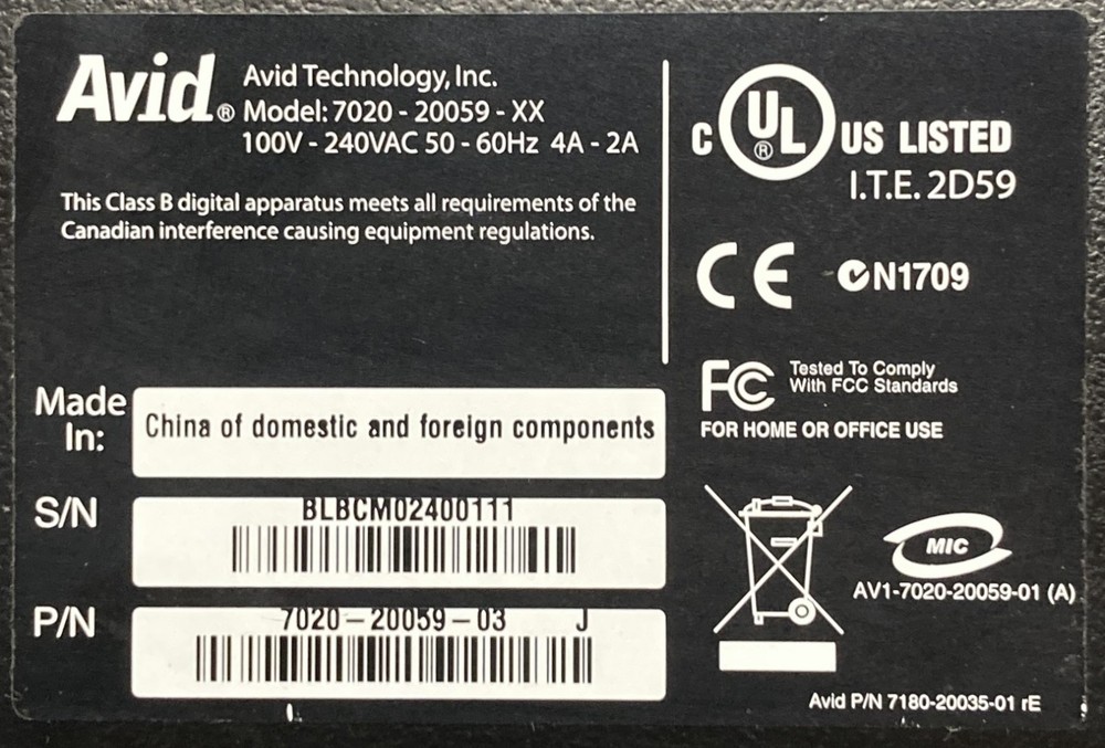 Avid 7020-20059-03 Interface Hardware w/ Adapter & Power Cord