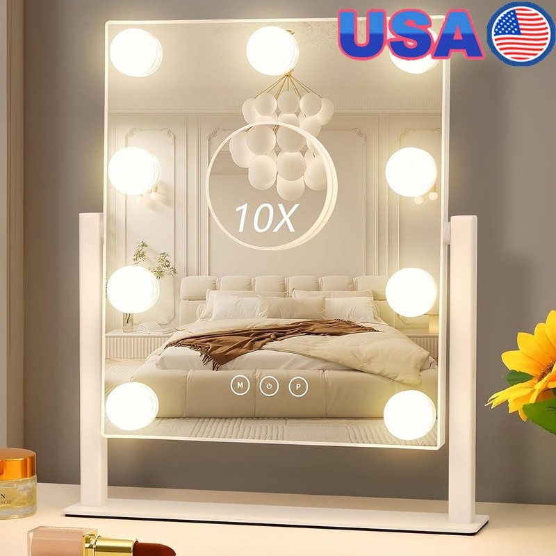 Adjustable Brightness Lighted Vanity Mirror 3 Color Modes 10X Magnifying Mirror