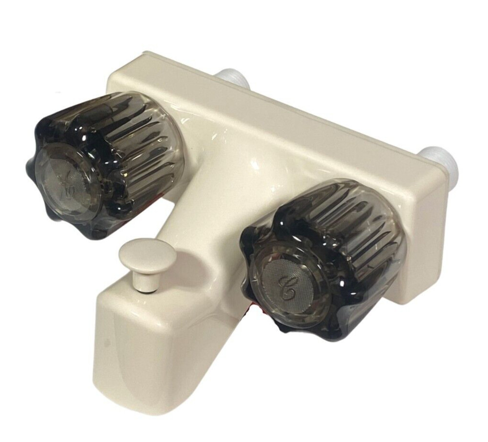 RV Tub Faucet - 4" on Center - Off White with Smoke Handles & Shower Diverter