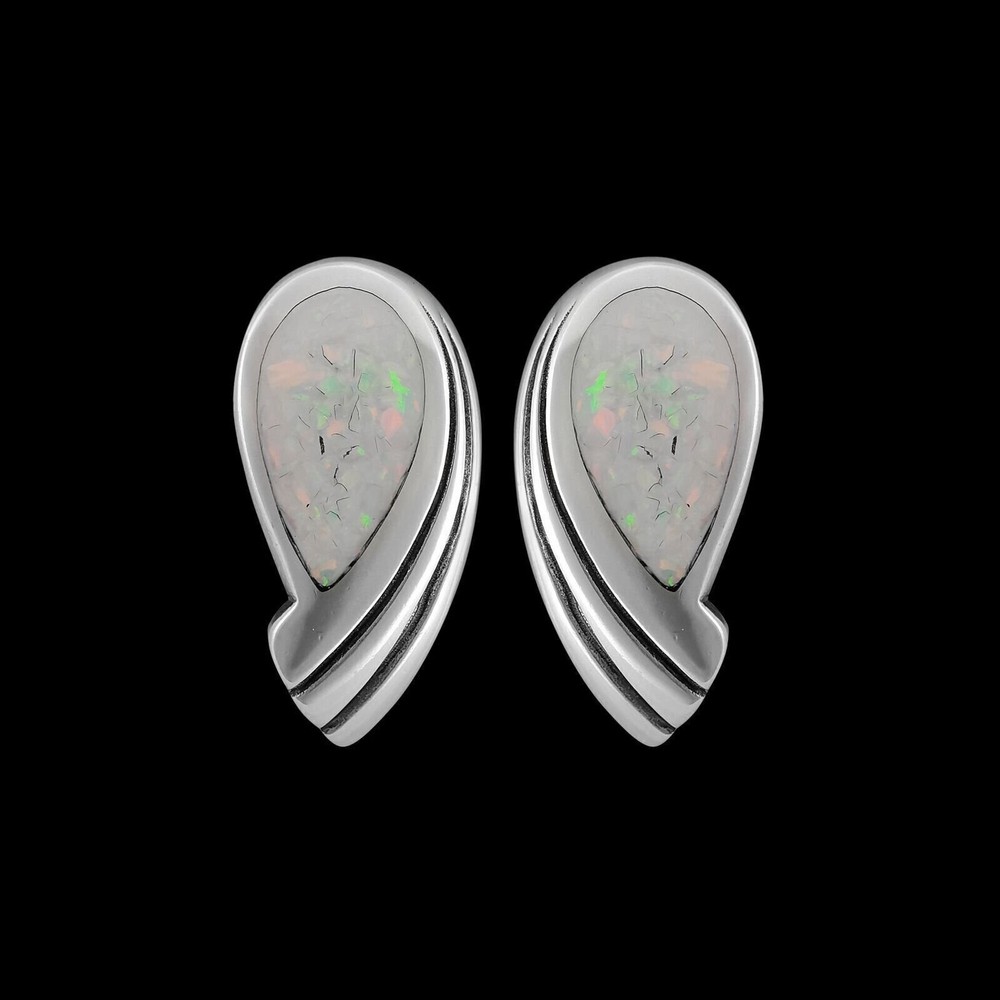 925 Sterling Silver Stud Earrings • Teardrop Shape • White Opal Gems