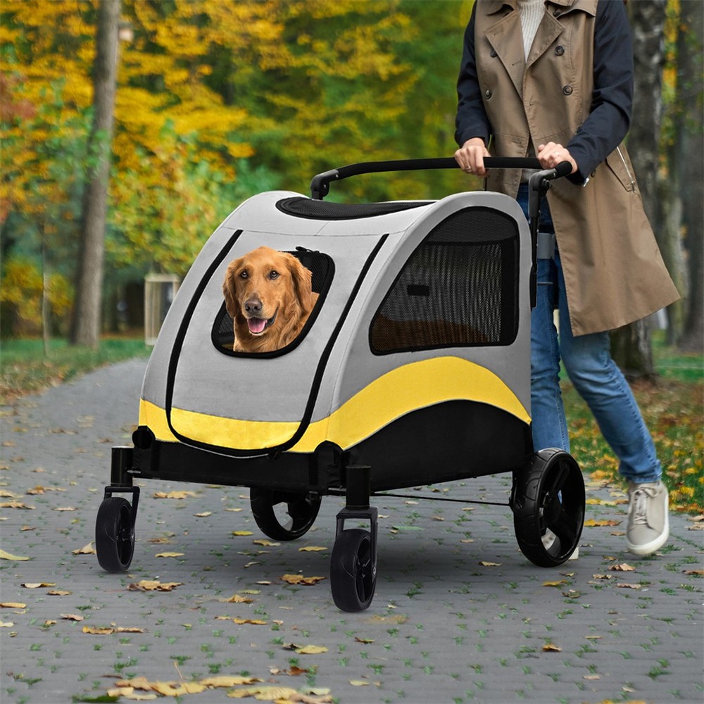 Dividered Two Dogs Stroller One-key Folding Pet Carrier with Shock-proof Wheels